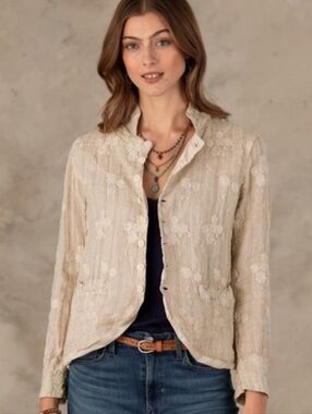 CP Shades Dree Embroidered Linen Jacket Beige Blue Floral Made In The USA Size M